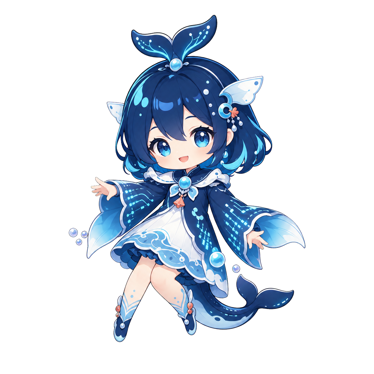 深海鲸灵女孩角色，蓝色鲸鱼尾巴与白色长发